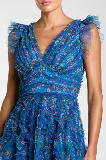 Mac Duggal_Blue Polyester, Mesh V-neck Floral Print Micro Ruffle Maxi Dress _Online_at_Aza_Fashions