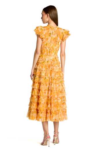 Shop_Mac Duggal_Yellow Polyester, Mesh High Neck Floral Print Tiered Micro-ruffle Dress _at_Aza_Fashions