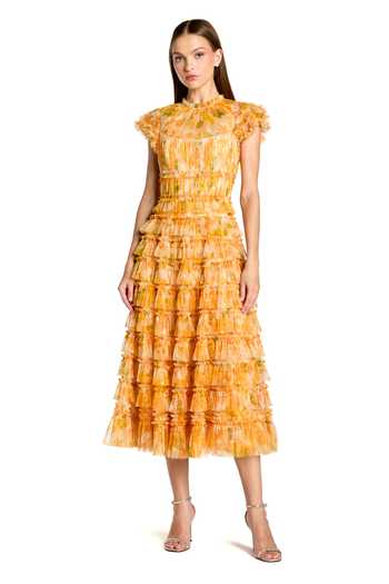 Buy_Mac Duggal_Yellow Polyester, Mesh High Neck Floral Print Tiered Micro-ruffle Dress _at_Aza_Fashions