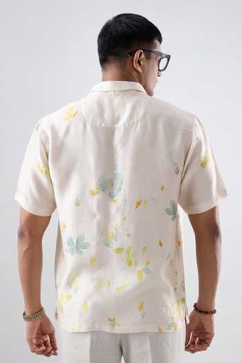 Shop_Raw & Rustic By Niti Bothra_Ivory Silk, Tencel Abstract Eco Print Cuban Collar Shirt _at_Aza_Fashions
