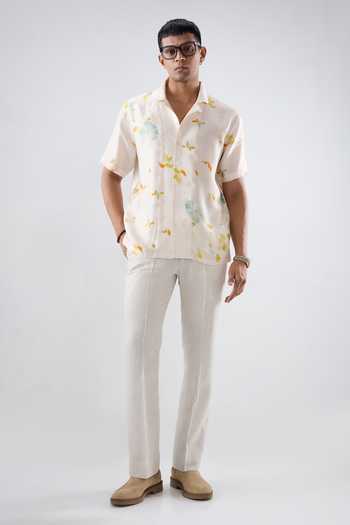 Raw & Rustic By Niti Bothra_Ivory Silk, Tencel Abstract Eco Print Cuban Collar Shirt _Online_at_Aza_Fashions