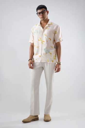 Buy_Raw & Rustic By Niti Bothra_Ivory Silk, Tencel Abstract Eco Print Cuban Collar Shirt _Online_at_Aza_Fashions