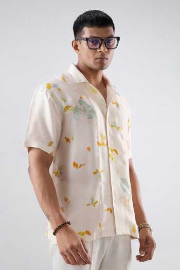 Shop_Raw & Rustic By Niti Bothra_Ivory Silk, Tencel Abstract Eco Print Cuban Collar Shirt _Online_at_Aza_Fashions