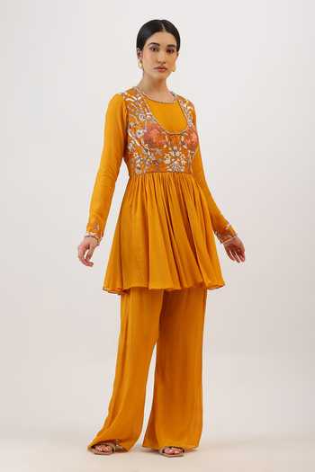 Buy_Vidushi Gupta_Mustard Silk, Cotton, Modal Scoop Floral Embroidered Peplum Kurta And Pant Set _at_Aza_Fashions