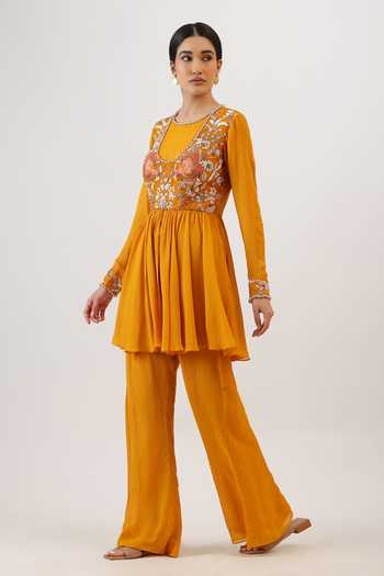 Buy_Vidushi Gupta_Mustard Silk, Cotton, Modal Scoop Floral Embroidered Peplum Kurta And Pant Set _Online_at_Aza_Fashions