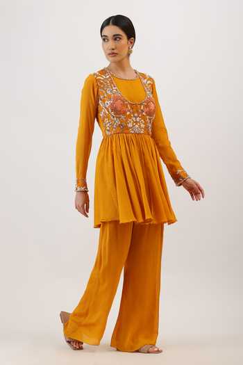 Shop_Vidushi Gupta_Mustard Silk, Cotton, Modal Scoop Floral Embroidered Peplum Kurta And Pant Set _Online_at_Aza_Fashions