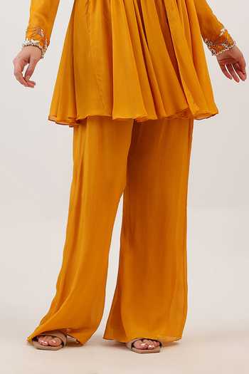 Shop_Vidushi Gupta_Mustard Silk, Cotton, Modal Scoop Floral Embroidered Peplum Kurta And Pant Set 