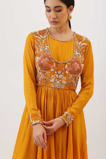 Vidushi Gupta_Mustard Silk, Cotton, Modal Scoop Floral Embroidered Peplum Kurta And Pant Set _Online