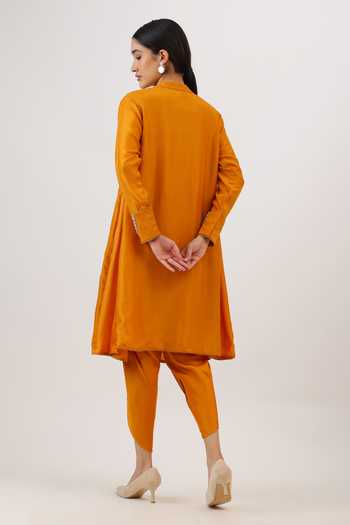 Shop_Vidushi Gupta_Mustard Silk, Cotton, Modal, Blooming Floral Work Kurta And Dhoti Pant Set _at_Aza_Fashions