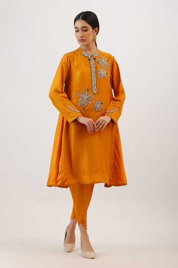 Buy_Vidushi Gupta_Mustard Silk, Cotton, Modal, Blooming Floral Work Kurta And Dhoti Pant Set _at_Aza_Fashions