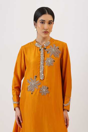 Vidushi Gupta_Mustard Silk, Cotton, Modal, Blooming Floral Work Kurta And Dhoti Pant Set _Online_at_Aza_Fashions