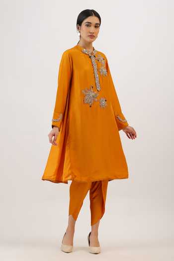 Vidushi Gupta_Mustard Silk, Cotton, Modal, Blooming Floral Work Kurta And Dhoti Pant Set _at_Aza_Fashions