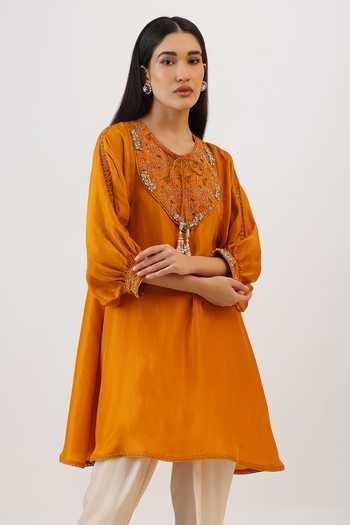 Buy_Vidushi Gupta_Mustard Silk, Cotton, Modal Round Neck Floral Thread Work Kurta And Dhoti Pant Set _Online_at_Aza_Fashions