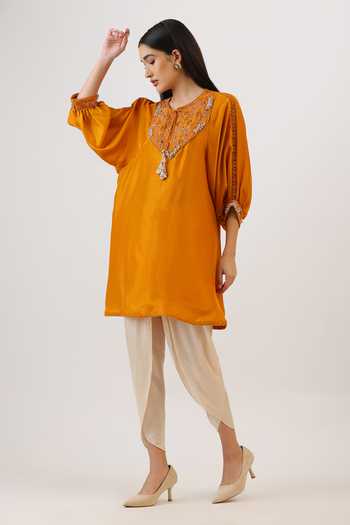 Shop_Vidushi Gupta_Mustard Silk, Cotton, Modal Round Neck Floral Thread Work Kurta And Dhoti Pant Set _Online_at_Aza_Fashions
