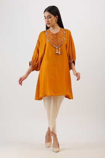 Buy_Vidushi Gupta_Mustard Silk, Cotton, Modal Round Neck Floral Thread Work Kurta And Dhoti Pant Set 