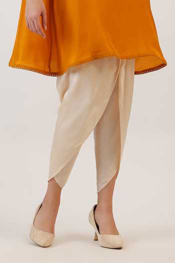 Shop_Vidushi Gupta_Mustard Silk, Cotton, Modal Round Neck Floral Thread Work Kurta And Dhoti Pant Set 