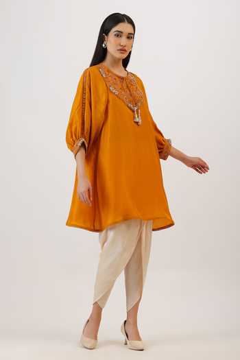 Vidushi Gupta_Mustard Silk, Cotton, Modal Round Neck Floral Thread Work Kurta And Dhoti Pant Set _Online