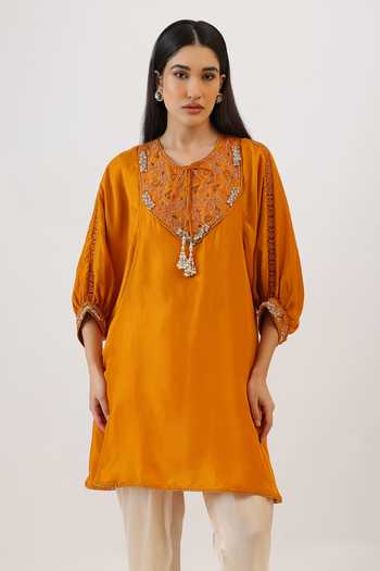 Buy_Vidushi Gupta_Mustard Silk, Cotton, Modal Round Neck Floral Thread Work Kurta And Dhoti Pant Set _Online
