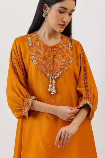 Shop_Vidushi Gupta_Mustard Silk, Cotton, Modal Round Neck Floral Thread Work Kurta And Dhoti Pant Set _Online