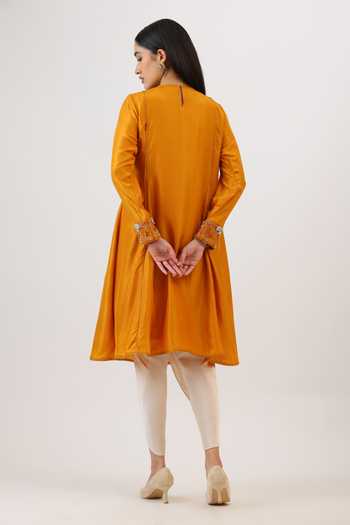 Shop_Vidushi Gupta_Mustard Silk, Cotton, Modal Tassels Botanical Embroidered Kurta And Dhoti Pant Set _at_Aza_Fashions