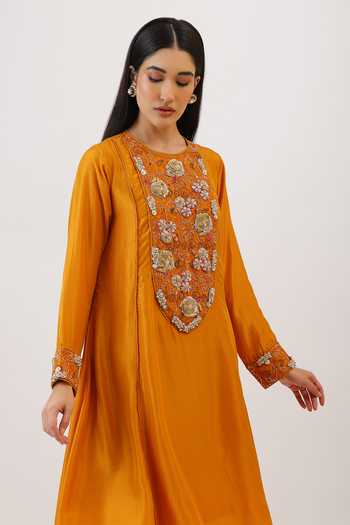 Buy_Vidushi Gupta_Mustard Silk, Cotton, Modal Tassels Botanical Embroidered Kurta And Dhoti Pant Set _Online_at_Aza_Fashions