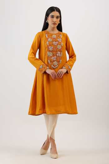 Buy_Vidushi Gupta_Mustard Silk, Cotton, Modal Tassels Botanical Embroidered Kurta And Dhoti Pant Set _at_Aza_Fashions