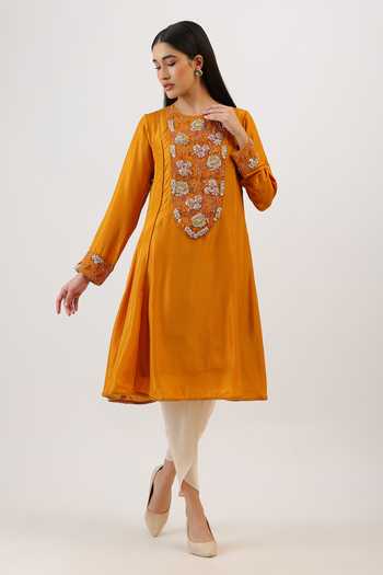 Shop_Vidushi Gupta_Mustard Silk, Cotton, Modal Tassels Botanical Embroidered Kurta And Dhoti Pant Set _Online_at_Aza_Fashions