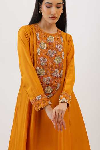 Shop_Vidushi Gupta_Mustard Silk, Cotton, Modal Tassels Botanical Embroidered Kurta And Dhoti Pant Set 