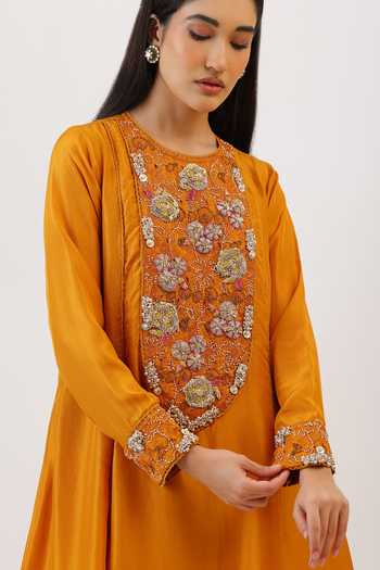 Vidushi Gupta_Mustard Silk, Cotton, Modal Tassels Botanical Embroidered Kurta And Dhoti Pant Set _Online