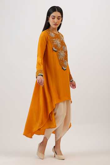 Vidushi Gupta_Mustard Silk, Modal, Shantoon Floral Hand Embroidered Kurta And Dhoti Pant Set _Online_at_Aza_Fashions