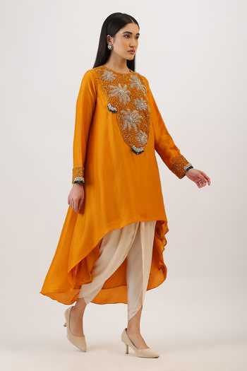 Shop_Vidushi Gupta_Mustard Silk, Modal, Shantoon Floral Hand Embroidered Kurta And Dhoti Pant Set _Online_at_Aza_Fashions