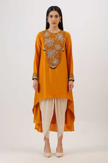 Vidushi Gupta_Mustard Silk, Modal, Shantoon Floral Hand Embroidered Kurta And Dhoti Pant Set _at_Aza_Fashions