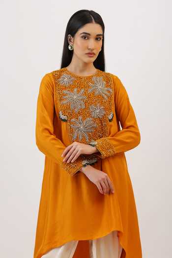 Buy_Vidushi Gupta_Mustard Silk, Modal, Shantoon Floral Hand Embroidered Kurta And Dhoti Pant Set 