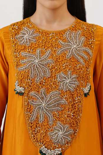 Vidushi Gupta_Mustard Silk, Modal, Shantoon Floral Hand Embroidered Kurta And Dhoti Pant Set _Online