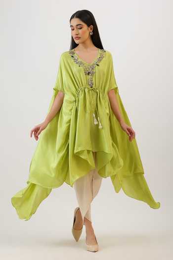 Vidushi Gupta_Green Silk, Cotton, Modal, Shantoon Floral Embroidered Cape And Dhoti Pant Set _Online_at_Aza_Fashions