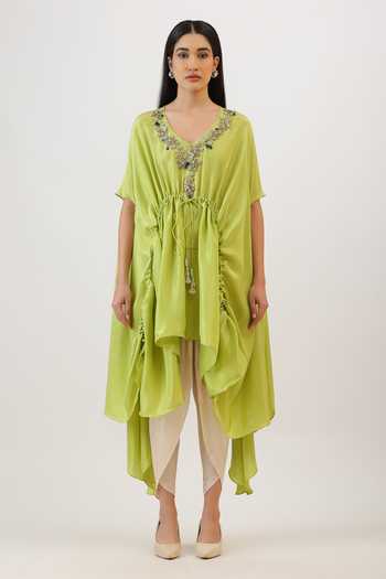 Buy_Vidushi Gupta_Green Silk, Cotton, Modal, Shantoon Floral Embroidered Cape And Dhoti Pant Set _Online_at_Aza_Fashions
