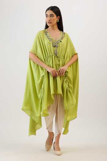 Buy_Vidushi Gupta_Green Silk, Cotton, Modal, Shantoon Floral Embroidered Cape And Dhoti Pant Set _at_Aza_Fashions