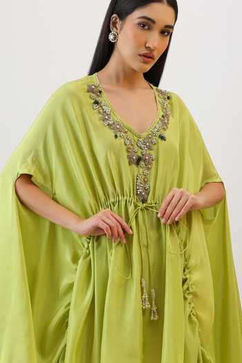 Shop_Vidushi Gupta_Green Silk, Cotton, Modal, Shantoon Floral Embroidered Cape And Dhoti Pant Set 