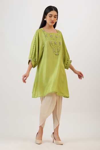 Buy_Vidushi Gupta_Green Silk, Modal, Shantoon Botanical Pearl Embroidered Kurta And Dhoti Pant Set _at_Aza_Fashions