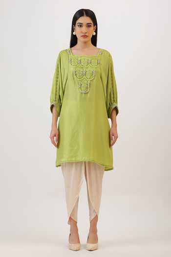 Vidushi Gupta_Green Silk, Modal, Shantoon Botanical Pearl Embroidered Kurta And Dhoti Pant Set _at_Aza_Fashions