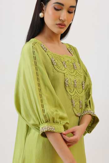 Shop_Vidushi Gupta_Green Silk, Modal, Shantoon Botanical Pearl Embroidered Kurta And Dhoti Pant Set 