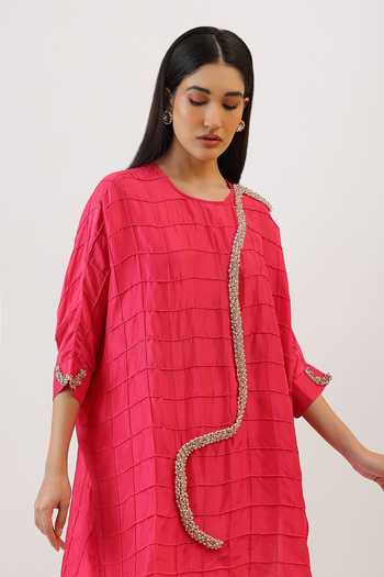Vidushi Gupta_Fuchsia Silk, Cotton, Modal, Shantoon Pintuck Embroidered Kurta And Dhoti Pant Set _at_Aza_Fashions