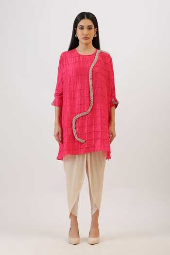 Vidushi Gupta_Fuchsia Silk, Cotton, Modal, Shantoon Pintuck Embroidered Kurta And Dhoti Pant Set _Online