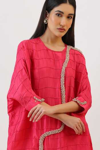 Buy_Vidushi Gupta_Fuchsia Silk, Cotton, Modal, Shantoon Pintuck Embroidered Kurta And Dhoti Pant Set _Online