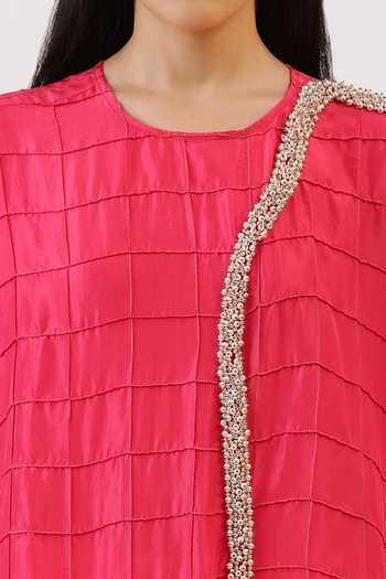 Shop_Vidushi Gupta_Fuchsia Silk, Cotton, Modal, Shantoon Pintuck Embroidered Kurta And Dhoti Pant Set _Online