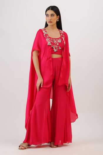Shop_Vidushi Gupta_Fuchsia Silk, Cotton, Modal, Threadwork And Tassel Detailed Cape Gharara Set _at_Aza_Fashions