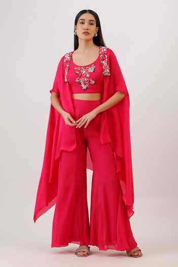Buy_Vidushi Gupta_Fuchsia Silk, Cotton, Modal, Threadwork And Tassel Detailed Cape Gharara Set _at_Aza_Fashions
