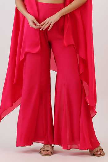 Buy_Vidushi Gupta_Fuchsia Silk, Cotton, Modal, Threadwork And Tassel Detailed Cape Gharara Set _Online_at_Aza_Fashions