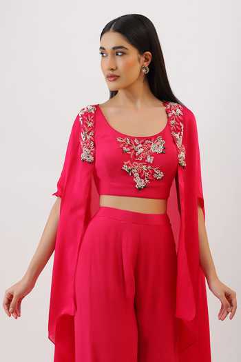 Shop_Vidushi Gupta_Fuchsia Silk, Cotton, Modal, Threadwork And Tassel Detailed Cape Gharara Set _Online_at_Aza_Fashions