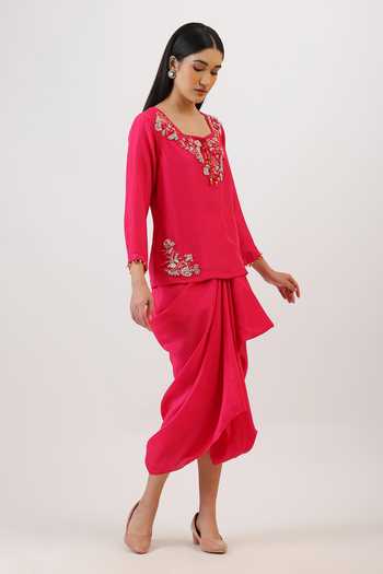 Vidushi Gupta_Fuchsia Silk, Cotton, Modal, Hand Embroidered Short Kurta And Draped Skirt Set _Online_at_Aza_Fashions